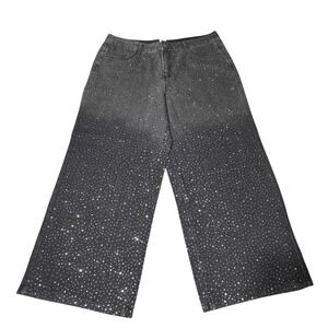 ANEWSTA Jeans Womens 1XL Rhinestone Denim Statemnt Black Wide Leg Festival Curve